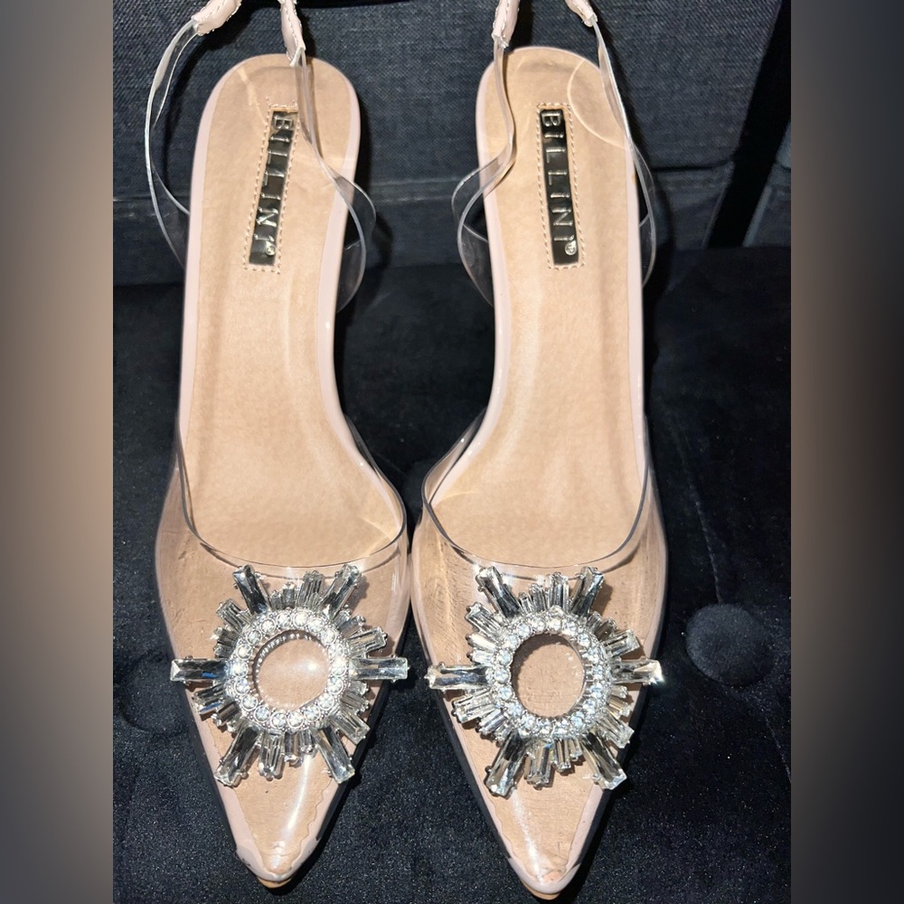Clear/nude slingback heels with toe embellishment